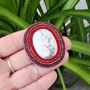 Elegant Red and Silver Beaded Howlite Gemstone Brooch